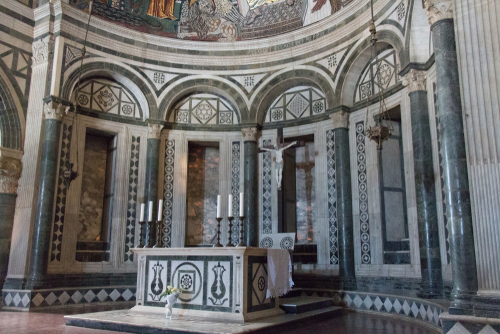 Interior view of the altar inside Basilica San Miniato al Monte in Florance, Tuscany, Italy