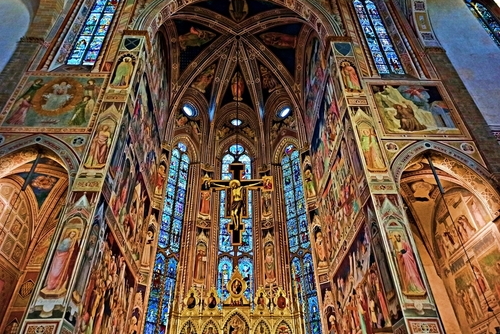 Interior view of the historic and famous Basilica of Santa Croce (Basilica of the Holy Cross) in Florence, Tuscany, Italy