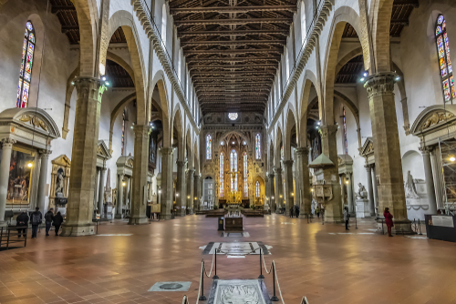 Interior view of the Holy Cross Basilica (Basilica di Santa Croce, 1385) - Franciscan church on Piazza di Santa Croce, it is the largest Franciscan church in the world, Florence, Tuscany, Italy
