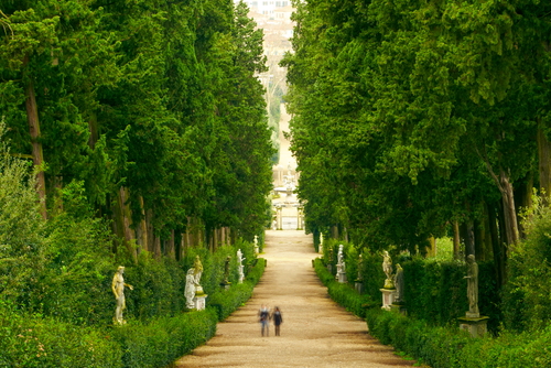 View of people walking through a tree orchard in the Boboli Gardens in Florence, Tuscany, Italy