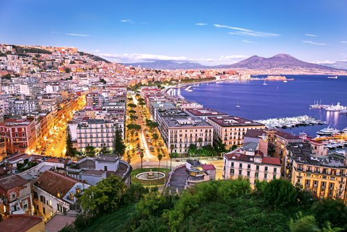 Panoramic scenic view of Naples at night, Campania, Italy
