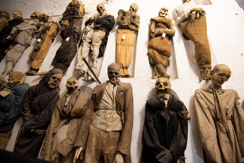 Hanging corpses at the Capuchin Catacombs of Palermo, Sicily, Italy