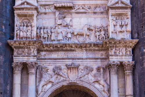 Carvings on the Castel Nuovo (or Maschio Angioino) in Naples, Campania, Italy (Latin text: 
