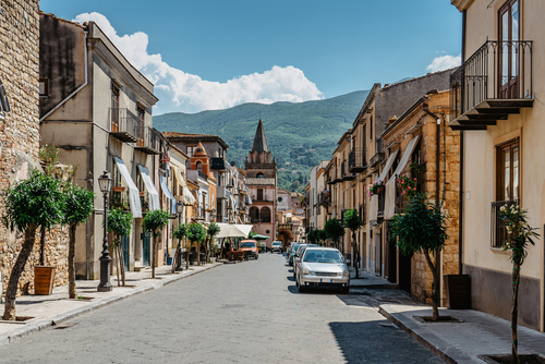 Narrow streets of the small medieval village of Castelbuono in the Natural Regional Park of Madonie. It is known for panettone located near Cefalu, Palermo, Sicily, Italy