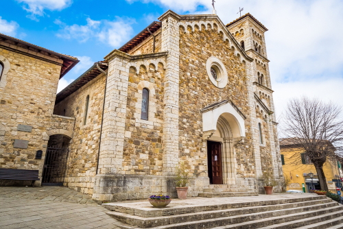 Exterior view of the church in the old medieval village of Castellina in Chianti Classico region, Tuscany, Italy