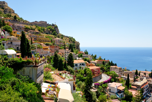 View of the town of Taormina from Castlemola, Sicily, Italy