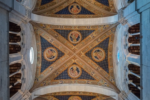 Low angle view of the cieling of the medieval Lucca Cathedral or the Cathedral of Saint Martin, in the walled city of Lucca, Tuscany, Italy