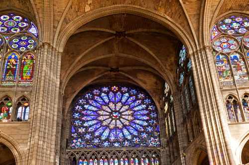 Interior and stain glass of the Basilica of Saint Denis, the final resting place of the kings and queens of France, Paris, France