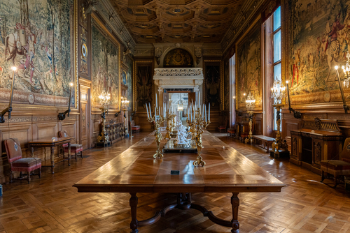 Interior of beautiful Chateau de Chantilly. The Deer Gallery - France