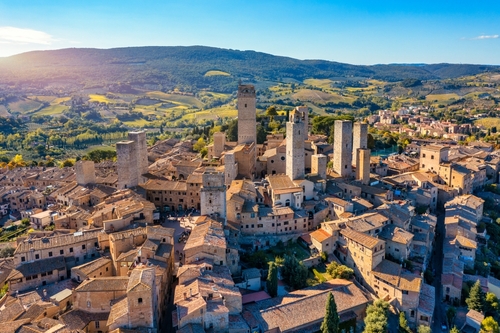 Aerial view of San Gimignano with its famous medieval towers, a Unesco World Heritage Site in Tuscany, Italy