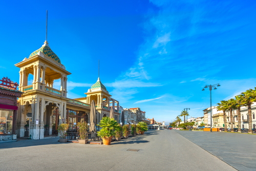 Famous Passeggiata a mare, seafront footpath promenade in Viareggio, Versilia, Tuscany, Italy
