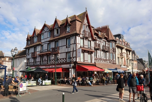 Magnificent traditional Normandy half-timbered facade on the central street of the city, Cabourg, Normandy, France