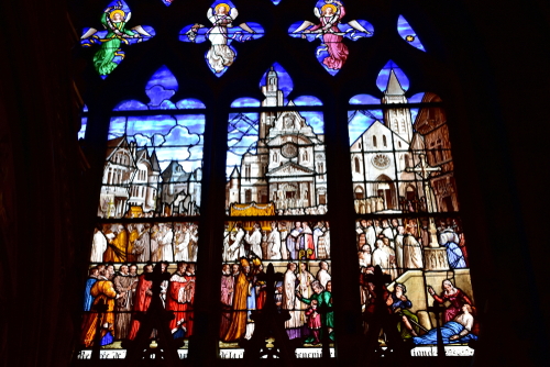Stained glass window at Saint Etienne du Mont church in Paris, France