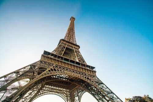 View of Eiffel tower with blue sky, Paris, France