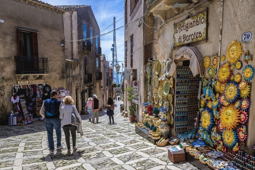 Tourists on Vittorio Emanuele Street in Erice, Trapani, Sicily, Italy