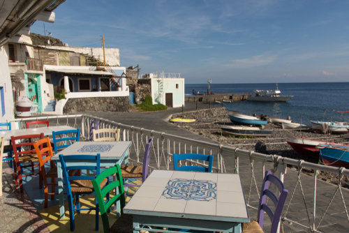 View of Via del Porto from a traditional bar on the island of Filicudi, Aeolian Islands, near Sicily, Italy