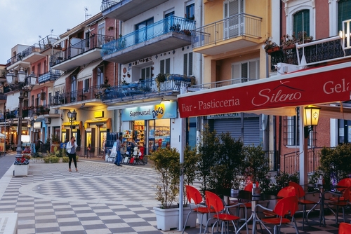 Via Naxos street Giardini Naxos in the Metropolitan City of Messina on the island of Sicily, Italy