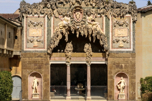 View of the Grande Grotta di Buontalenti, Decorated with stalactites, inside that Bathing Venus and Paris and Helen, located in the Boboli Gardens, in the historic center World Heritage Site in Florence, Tuscany, Italy