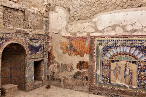 Ancient colourful mosaic ruins in Herculaneum (UNESCO World Heritage Site) near Naples, Campania, Italy