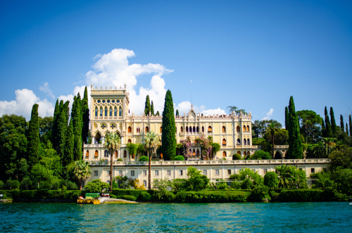 View of Villa Borghese on Isola del Garda in La Garda lake, Northern Italy