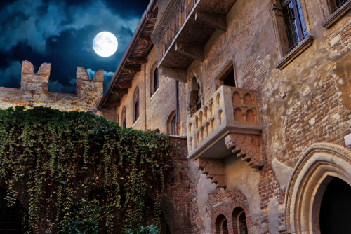 Full moon night under Juliet's balcony in Verona, Veneto, Italy