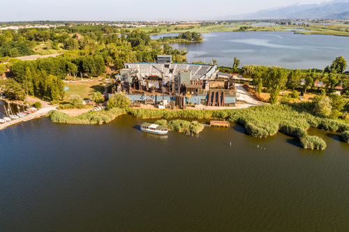 Aerial View of the open-air Giacomo Puccini Grand Theate located in Torre del Lago Puccini on Lake Massaciuccoli in Viareggio, Tuscany, Italy