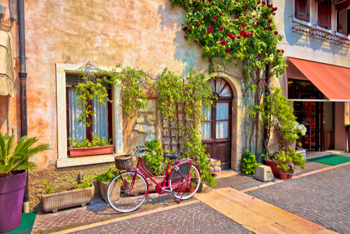 Italian street old architecture in Lazise, town on Garda lake in Veneto region of Italy