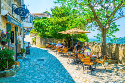 View of a narrow street in the historical center of Les Baux de Provence, Provence, France