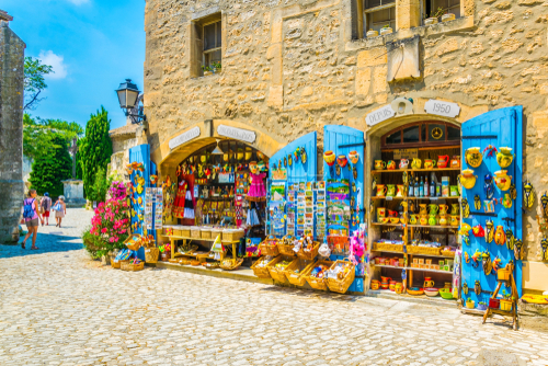 View of a narrow street in the historical center of Les Baux de Provence, Provence, France