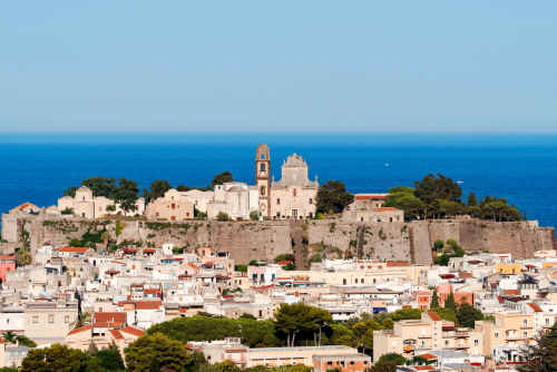 The castle of Lipari and the Cathedral of San Bartolomeo with its bell tower, the staircase of San Bartolomeo is also visible. Below the castle the city of Lipari, Lipari Island, Aeolian Islands, near Sicily, Italy