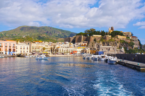 View of a marina with boats in the island of Lipari, Aeolian Islands, near Sicily, Italy