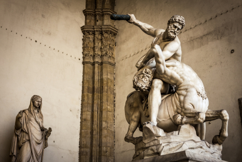 Hercules and the centaur Nessus is a marble statue of the sculptor Giambologna (1598), placed in Florence in the Loggia dei Lanzi in Piazza della Signoria, Tuscany, Italy