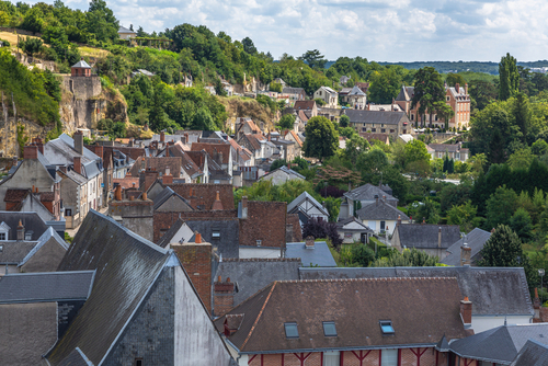 Beautiful views of the Chateau du Clos Luce and the old houses of Amboise. Loire Valley, Amboise, France