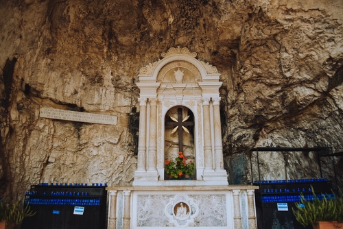 Santuario Basilica Madonna della Corona. Path to the church on top of the mountain monument, located near Lake Garda, Italy