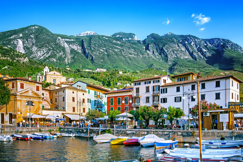 View of the harbour of Malcesine on the banks of La Garda Lake, Veneto, Italy