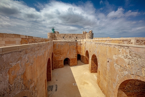 View of a large room inside the castle of Maniace, perspective of historical vaults and columns in Ortygia island, Syracuse, Sicily, Italy