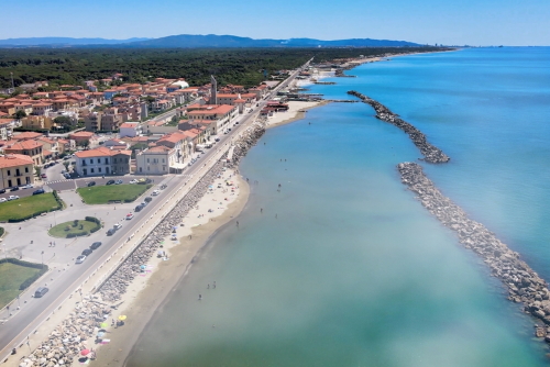 Amazing aerial view of Marina di Pisa coastline, Tuscany, Italy