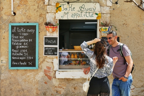 Glimpse of Take Away food parlor in the picturesque mediterranean destination Marzamemi, a small fishing village, Syracuse province, Sicily, italy