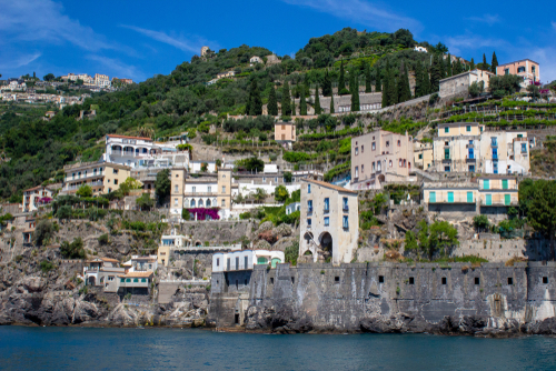 View from the sea of the town of Minori, Amalfi Coast, Campania, Italy