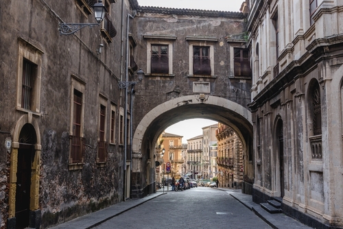 The Arch of Saint Benedict of Benedictine Abbey in historic part of Catania, Sicily, Italy