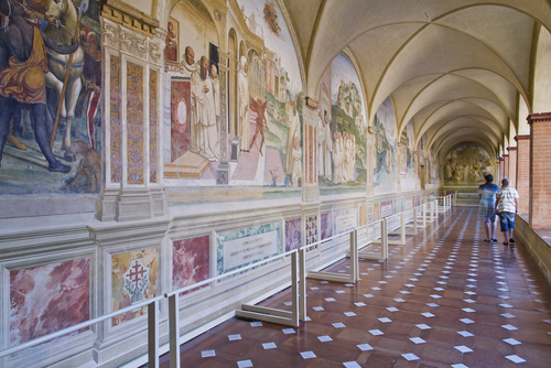 Interior view of the halls at the Benedictine Monte Oliveto Abbey in Montalcino, Val d'Orcia, Tuscany, Italy