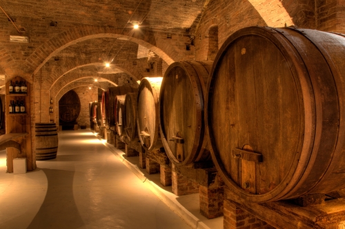 Interior view of the Wine cellar in the Benedictine Abbey of Monte Oliveto Maggiore, large monastery in Val d'Orcia, Tuscany, Italy