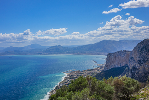 Beautiful view from top of Monte Pellegrino (Pilgrim Mountain), which overlooks whole Palermo bay, Palermo, Sicily, Italy