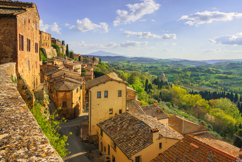 View from the medieval village of Montepulciano, San Biagio church on background, Val d'Orcia, Tuscany, Italy