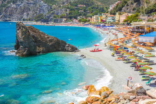 View of the beaches and the facilities at the picturesque coastal village of Monterosso al Mare, Cinque Terre National Park, Liguria, Italy