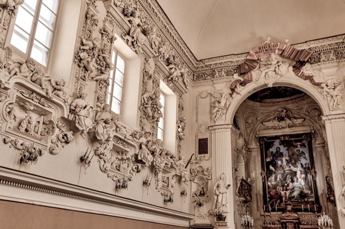 Interior details and sculptures of the Oratorio del Rosario di Santa Cita in Palermo, Sicily, Italy