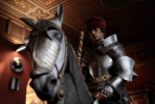 Medieval armor on a horse inside Villa Stibbert Museum in Florence, Tuscany, Italy