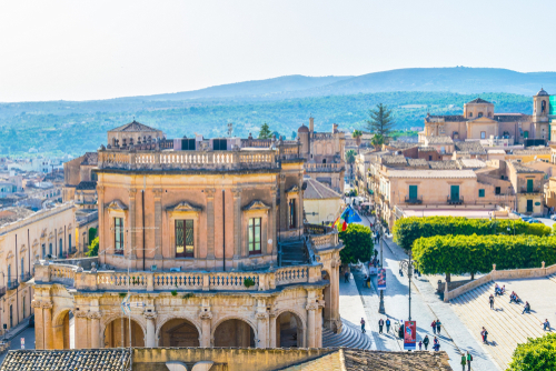 Aerial view of Noto including Palazzo Ducezio, Sicily, Italy