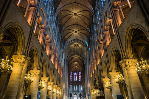 Wide shot of Notre Dame cathedral interior, Paris, France