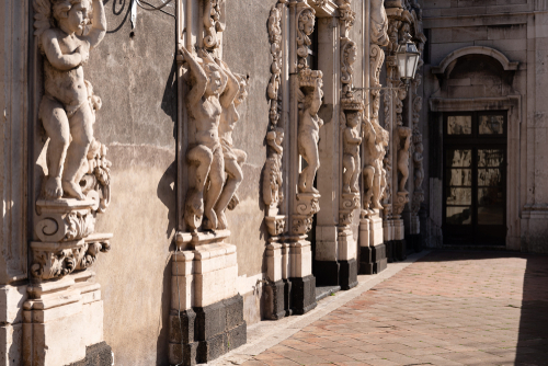 Interiors of Palazzo Biscari in Catania, Sicily, Italy, with the Sicilian Baroque ball room hall and reception hall